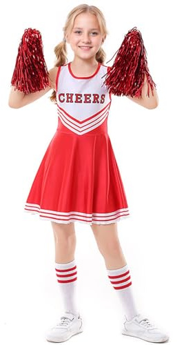 JiAmy Mädchen Cheerleader Kostüm, Schulspiel Cheerleading Uniform mit Pompons und Socken, Halloween Fancy Dress Up Outfit für Kinder 4-12 Jahre
