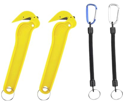 Yellow Box Cutter 2 Pack with 2 Coil Key Chains, Cardboard Cutter, Warehouse, Box Opener, Spiral Keychain, Key Chain, Stretchy Keyring with Clip, Key Ring Chain