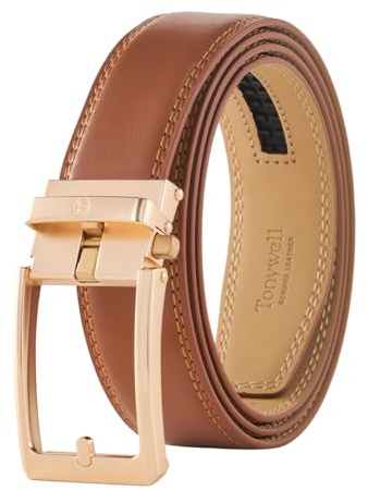Tonywell Herren-Leder-Ratschengürtel, 3,5 cm, verstellbarer Kleidergürtel, passend zuschneidbar