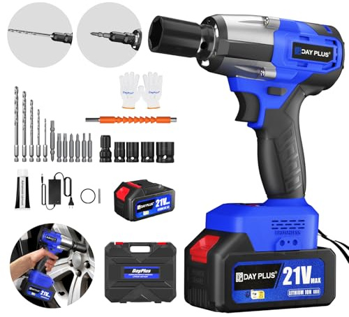 Cordless Impact Wrench, 1/2 inch Brushless Power Impact Gun, 3200RPM Electric Impact Wrench, Max Torque 450N.m with 4 Sockets, 12 Drill Sets, 2 x 6.0Ah Battery, Fast Charger & Carry Box for Car Home