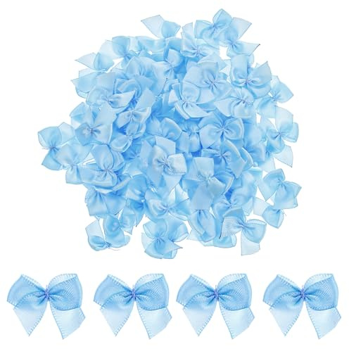 HJZHII 100 Stück Satinschleifen, 3x2 cm Kleine Satinband Schleifen für DIY Handwerk Blumen Applikationen Hochzeit Taufe Kommunion Streudeko und Deko Projekte(Blau)