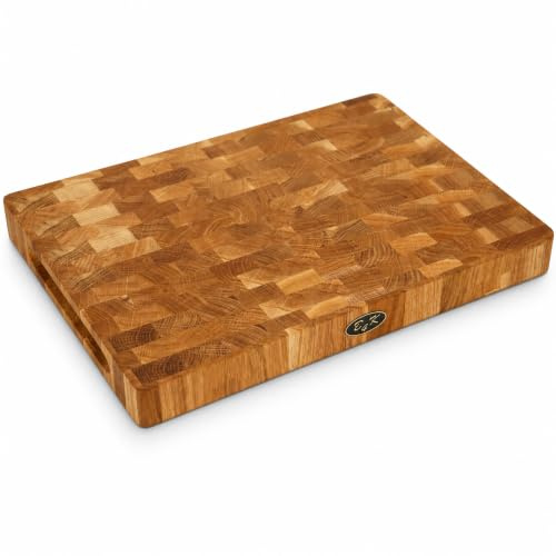 B4K® Schneidebrett aus Eiche Stirnholz 40 × 30 × 4 cm – Massiver Hackblock | Antibakterielles Hirnholzbrett mit Griffen & Silikonfüßen | Perfekt für Küche, Fleisch & BBQ