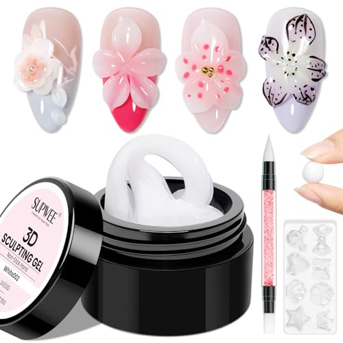 SUPWEE Gel 3D Nail Art, Gel solide Multifonction Non adhésif 15g blanc | Avec pinceau à ongles et moule en silicone Pour la maison Manucure Accueil Salon de beauté à faire soi-même