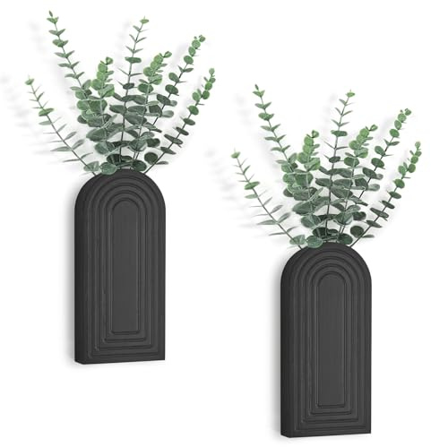 Dahey Wood Wall Planter Vase with Artificial Eucalyptus, 2 Pack Hanging Planter for Indoor Fake Plants Modern Boho Farmhouse Wall Art Decor for Bathroom Bedroom Kitchen Office Home Decoration, Black