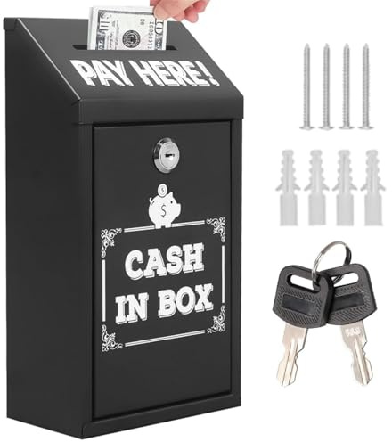 Geldkassette mit Schlüssel,Metall-Spendenbox,Sammelbox,Wandmontage Abschließbare Box Tragbare Kasse für Zuhause,Büro,Außentür,Metall Spendensammelbox,sichere Vorschlagsbox Einwurfschlitz (Schwarz)