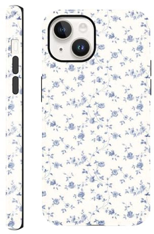 Foonary Cute Case for iPhone 14/iPhone 13 6.1, Preppy Blue FLower Girly Aesthetic Dsign Pattern for Girl Women, Shockproof Slim Soft TPU and Hard PC Frosted Double Protective Cover