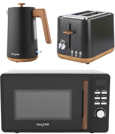 Salter Toronto Kettle, Toaster, Microwave Set – Kitchen Countertop Appliances, 1.7L Rapid Boil Kettle, 2-Slice Wide Slot Toaster, 20L Digital Microwave & 25.5cm Turntable, Black | 20 L Microwave With 27 cm Turntable, 1.7 L Kettle With 3 Kw Rapid Boil, 2-Slice Toaster With 6 Browning Levels