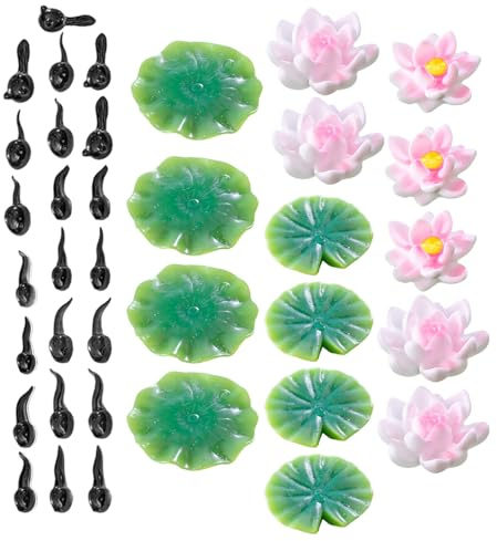VANZACK Set Décoration Bassin Miniature avec Figurines Amphibiens Résine Fleurs de Lotus Artificielles Têtards Nénuphars Flottants pour Aquarium et Jardin Féerique