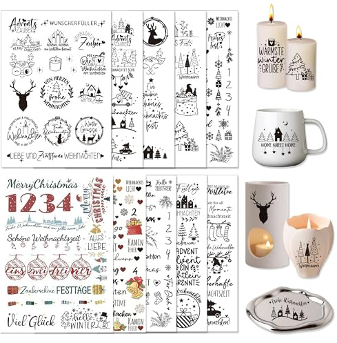 10 Stück Rub On Sticker Weihnachten, Sticker Weihnachten Weihnachtsaufkleber, Kerzentattoos Kerzenaufkleber DIY Deko für Tassen Keramik Möbel Fotoalbum
