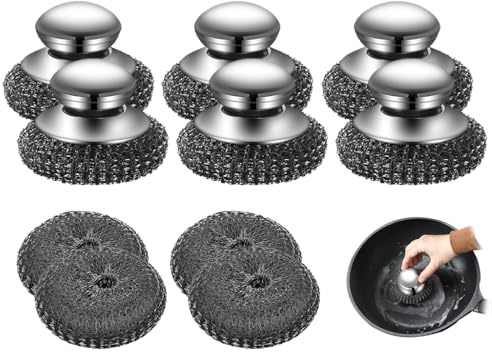 Hitopin Stahlwolle-Scheuerschwamm, 6PCS Stahlschwamm mit Edelstahlgriff, Topfreiniger Topfkratzer Edelstahl, Stahlwolle Spüler Reinigungsschwamm,mit 4 Ersatzbürsten Stahlwoll,für Töpfe und Pfannen