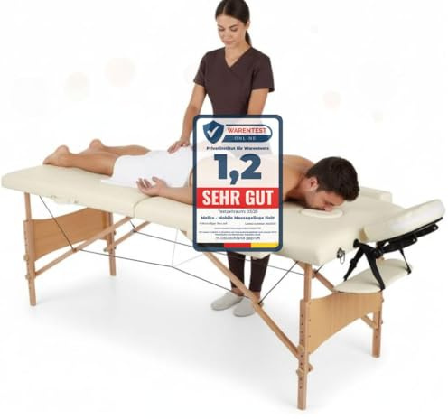 Melko Massageliege Massagetisch 3 Zonen klappbar bis 250 kg Holz Beige | höhenverstellbar, ergonomische Kopfstütze und Armablage, pflegeleichte PU-Polsterung, inkl. Tragetasche, für Physiotherapie