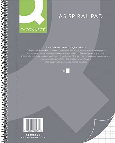 Q-Connect Spiral-Notizblock A5 Kariert / 80 Blatt / 160 Seiten/Notizbuch Spiralblock Collegeblock/Notizblock mit Spiralbindung/Schulblock Schreibblock