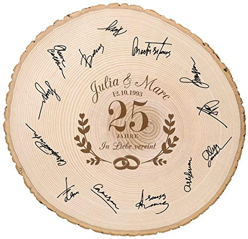 Casa Vivente Große Baumscheibe mit Gravur zur Silbernen Hochzeit Personalisiert mit Namen und Datum, In Liebe Vereint, Türschild, Wanddeko, Geschenkidee für Ehepaare zum 25. Hochzeitstag