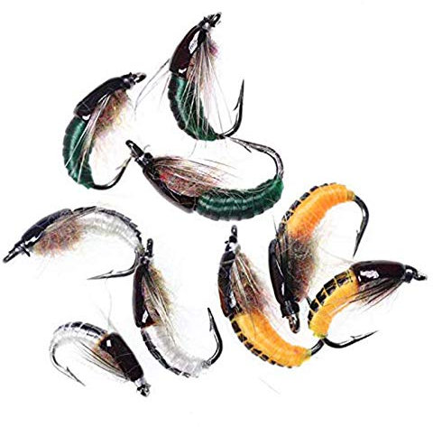 GREATFISHING 9pc 3 Colors Super Sturdy Realistic Nymph Scud Flies for Trout Nymph Beadhead Fishing Wet Assortment Flies Bug Worm Scud Looking Three Sizes Choice(9pc #8 3 Colors Combo Flies)