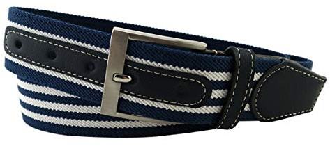 TigerTie hochwertiger Stretchgürtel mit Edelstahl Schnalle und echt Leder Applikationen in blau dunkelblau weiß gestreift. Gürtelbreite 40 mm, Bundweite 100 cm