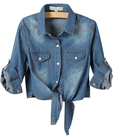 AMEBELLE Women's Roll Up 3/4 Sleeve Tie Front Knot Shirt Chambray Denim Crop Top(0088-DarkBlue-S)