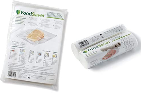 FoodSaver FSB4802-I 48 sacs pour appareil de mise sous vide 0,94 L Transparent & FoodSaver FSR2002-I Rouleaux de Mise sous Vide, pour Machine sous Vide Foodsaver, Pack de 2 (20cm x 6.7m Chaque)