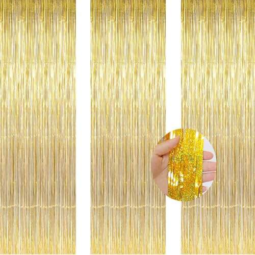 AILEXI 3 Pack 3.2ft*8.2ft Metallic Tinsel Curtains Foil Fringe Shimmer Streamers Curtain Door Window Decoration for Party Supplies - Laser Gold