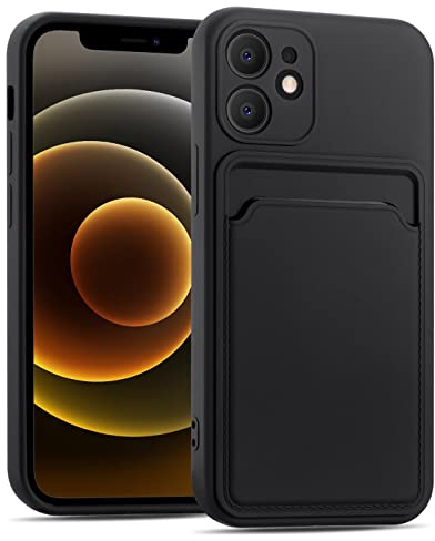 CoolGadget Handyhülle mit Kartenfach für iPhone 12 Mini Schwarz | Silikon Case mit Kartenhalter auf der Rückseite, stoßfest, erhöhter Kameraschutz, dünn