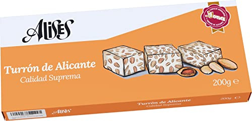 Alises Turrón de Alicante - Almonds and Honey - Supreme Quality - 100% Natural - Gluten Free, Lactose Free - Spanish Nougat 200g (Hard)