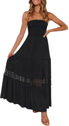 ZESICA Women's 2025 Summer Bohemian Strapless Off Shoulder Lace Trim Backless Flowy A Line Beach Long Maxi Dress,Black,Large
