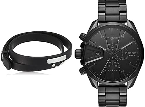 Diesel Herren Lederarmband mit Kragenstiftschließe Herren MS9 Chrono Chronograph, 47mm Gehäusegröße, Edelstahluhr