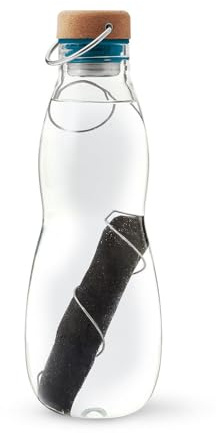 BLACK + BLUM - Bouteille d'Eau en Verre Borosilicate - Filtre Charbon Actif Binchotan et Spirale Inox - Bouchon Étanche avec Anneau - 600 ml - Bleu Ocean