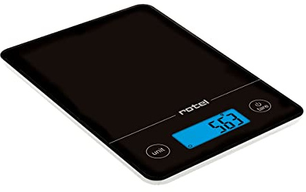 Rotel 1490150 Balance de Cuisine Noire, Balance de Cuisine numérique, Noir, Verre trempé, Plastique, 22x15x2cm | Pesée au gramme pour dosages précis, Écran digital lisible, Verre trempé facile à utiliser, Format compact 22 x 15 x 2 cm