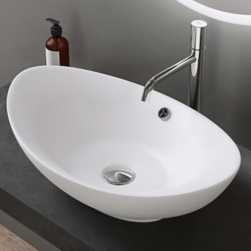 doporro Waschbecken Oval Aufsatzwaschbecken Bad 59x38x19cm Weiß Matt | Lotuseffekt durch Nanoversiegelung | Keramik Aufsatzwaschbecken, Waschtisch, Brüssel 818