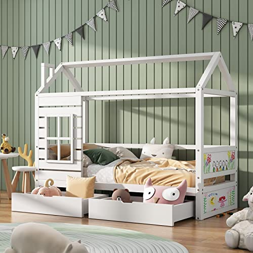 Whoiy Hochbett Haus, Hausbett 90X200 Weißes Anti-Fall-Kinderfenster aus Massivholz mit Fenster und Schubladenbett Ohne Matratze