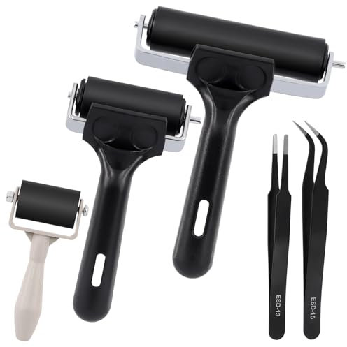 Mardatt 5Pcs 2.2 4 Rubber Rollers, 1.4 White Plastic Roller and Two Tweezers, Stainless Steel Frame Black Rubber Roller Art Craft Roller for Printmaking Ink Paint Block Wallpaper