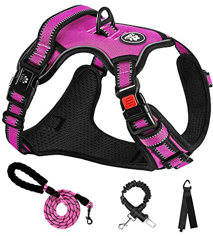 NESTROAD Hundegeschirr Set für große Hunde Größe XL Rose | Anti-Zug gepolstertes Set mit Brustgeschirr, Hundeleine und Autosicherheitsgurt,Halsumfang: 43–64 cm, Brustumfang: 53–89 cm