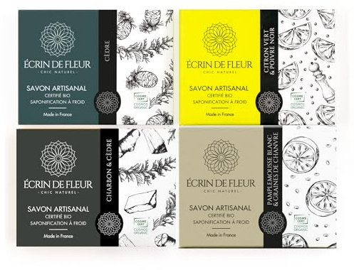 Écrin de Fleur – Coffret Cadeau Savons Bio pour Homme, Artisanat Français, Saponification à Froid, Certifié COSMOS & Nature et Progrès, 4 x 90g