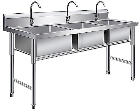 évier De Cuisine En Acier Inoxydable Sur Pied, éviers De Cuisine à Trois Bols, évier Utilitaire Avec Dosseret, évier De Garage Industriel, évier Commercial(120cm/47in,Thickness1.0mm)
