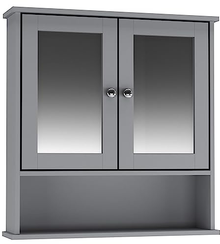 URBNLIVING Bathroom Modern Wall Cabinet With 2 Doors Mirrors Shelves Bath Medicine First Aid Toiletries Wall Mounted Storage Cabinet (Grey)