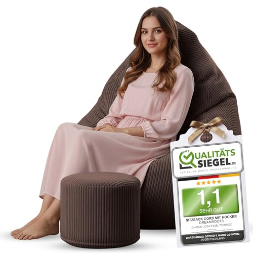 DreamRoots Sitzsack Erwachsene Cord 80x80x120 mit Hocker, Dark Chocolate | Bean Bag Chair mit Hocker, Lehne & Bezug, mit Füllung, Sitzkissen Boden, für Teenager & Erwachsene