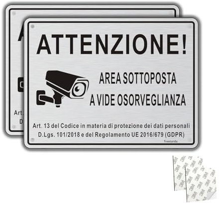Cartello Area Videosorvegliata Alluminio Con Avviso GDPR, 2 Pezzi 15x20cm, Videosorveglianza Con Adesivo e Fori Preforati, Telecamera Metallo per Casa e Negozio, Interno ed Esterno