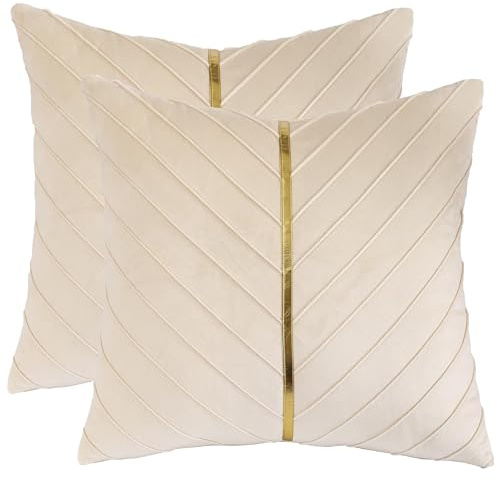 Tosleo 2 Stück Samt Kissenbezüge 60x 60 cm Dekorative Kissenhülle mit Gold Leder Luxus Moderne für Wohnzimmer Schlafzimmer Sofa Kissen Bett Creme