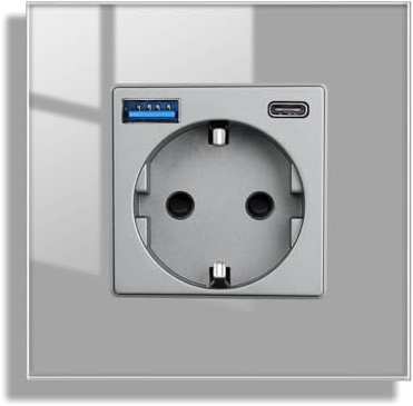 JIMEIDA Steckdose Glas mit USB 20W Schnelles Laden in Grau Unterputz,1 Fach 16Amp Steckdosen mit USB A und Type C,86 * 86mm,250V