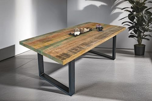 SAM Esstisch Libro 160x85 cm Mangoholz bunt gerade Kante U-Gestell schwarz | Esszimmertisch massiv, lackiert, Metallgestell, Shabby Chic