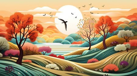 adrium Acryl-Bild 90 x 50 cm: Herbstlandschaft mit Bergen, Wald und See. Vektorillustration. (213066609)