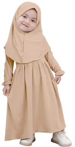 Muslimisches Kleid f?r Baby M?dchen Abaya Maxikleid Mit Hijab Gebetskleidung f?r Kleinkinder Neugeborene Islamisches Gebetskleid Ramadan Kaftan Dubai Outfit Einfarbig Zweiteilig Champagner 2-3 Jahre