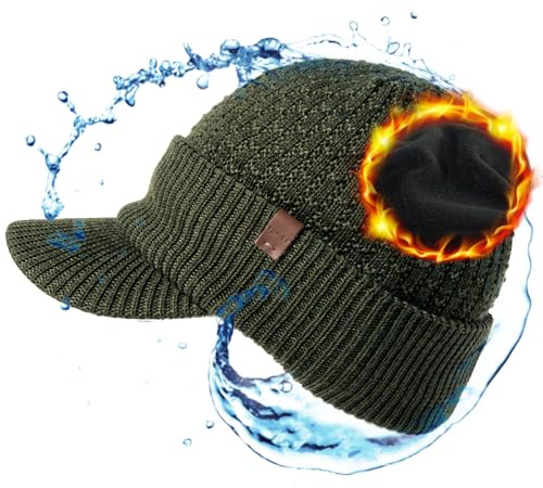 TOP-EX DryKnit™ 50% Merinowolle Herren Damen Wintermütze mit Schirm – Wasserdicht Winddicht Beanie, Warm Gefütterte Fleece Strickmütze für Outdoor große Köpfe