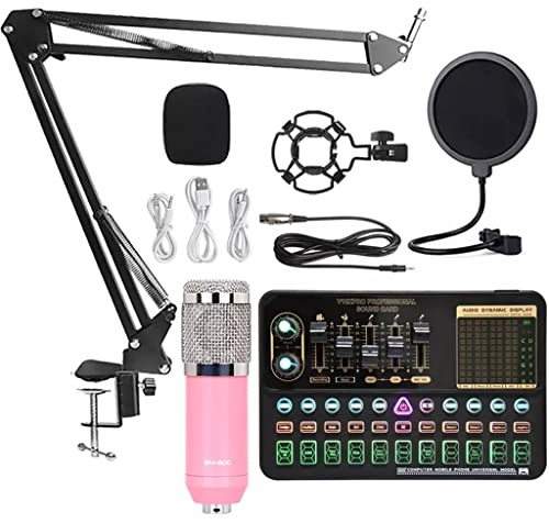Condenser Microphone Set Professional Studio Microphone Live Sound Card Wireless Adjustable Microphone (Color : Pink V10XPRO, Size : BM800)