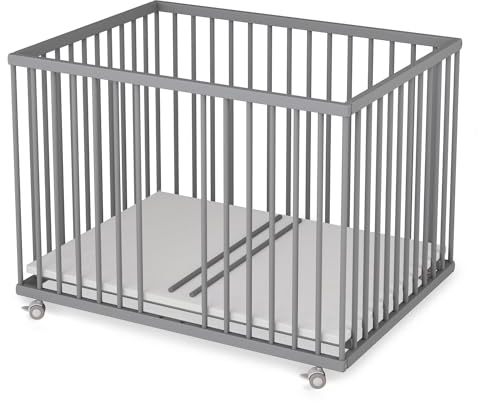Sämann Laufstall Baby mit 3 Schlupfsprossen | TÜV geprüft | stufenlos höhenverstellbar | Laufgitter Premium | Babybett aus Holz | Krabbelgitter (grau, 75x100 cm)