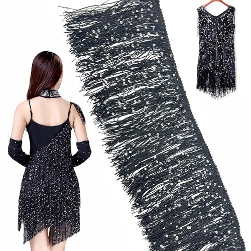 OHYER 3 metros de largo (X 15cm de diámetro) Flecos con Lentejuelas Ancho Flecos para Coser Seda Borla accesorios de costura para DIY Vestido Danza del Vientre Traje de Baño Latino Costura (Negro)