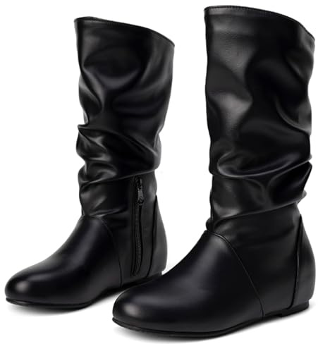 Pixoecuty US 5-13.5 Women Slouch Mid Calf Flat Boots Wedge Low Heel Renaissance Comfort Casual Boots Pull On Black US 9