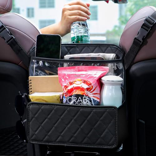 NganSuRong Car Handbag Holder Between Seats, PU Leather Purse Holder for Van, Multi-Pocket Large Capacity Auto Front Seat Organizer, Barrier of Backseat Pet Kids, Car Accessories for Women Black