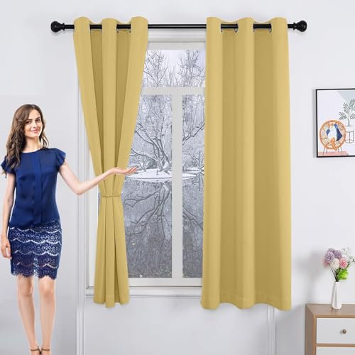GAIFNAG Gardinen Blickdichte Vorhänge 250 x 100 cm Wärmeisolierend, Vielen Farben Und Ausführungen Modern Schlaufenschal, Balkontür Gardine für Hotels Büros Wohnzimmer, Gelb