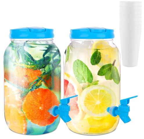 LOPYXBR 2 Stück Getränkespender mit Zapfhahn 3,8 Liter, Kunststoff Wasserspender mit Griff & Deckel, Drink Dispenser für Outdoor, Familie, Schule, Büro, Mit 8 Wiederverwendbaren Plastikbechern